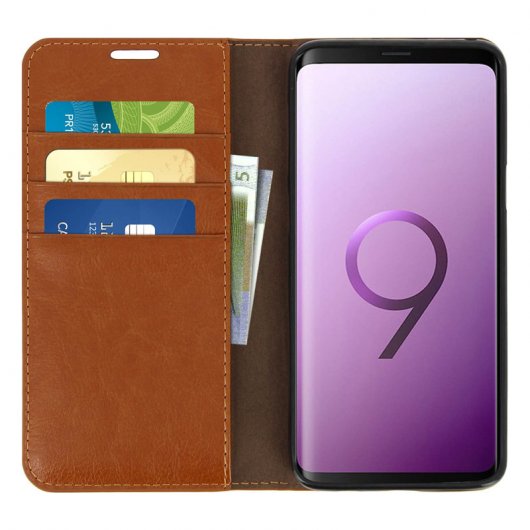 Avizar Funda Libro Cartera de Cuero Camel para Samsung Galaxy S9