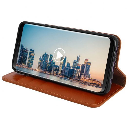 Avizar Funda Libro Cartera de Cuero Camel para Samsung Galaxy S9