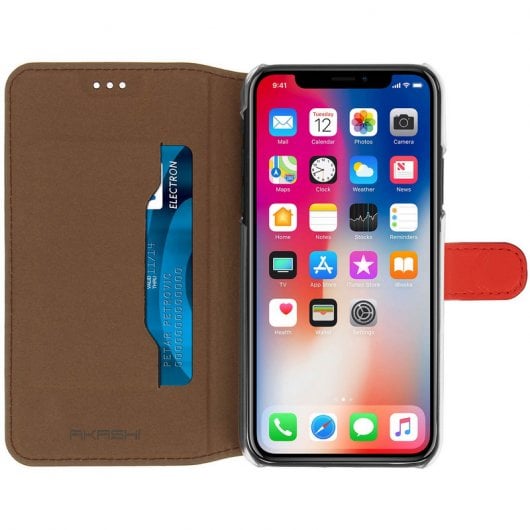Custodia a libro in vera pelle rossa Akashi per iPhone X/XS