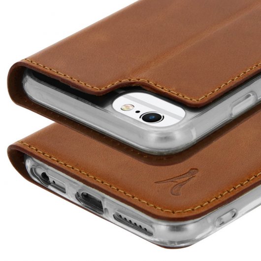Akashi Funda Libro de Piel Genuina Camel para iPhone 6 Plus/6S Plus/7 Plus/8 Plus