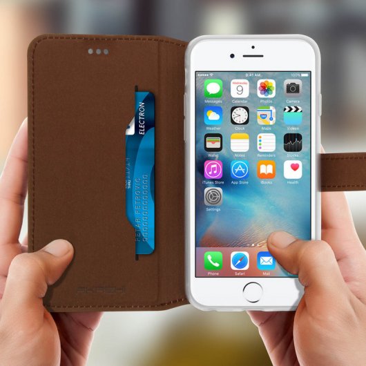 Akashi Funda Libro de Piel Genuina Camel para iPhone 6 Plus/6S Plus/7 Plus/8 Plus