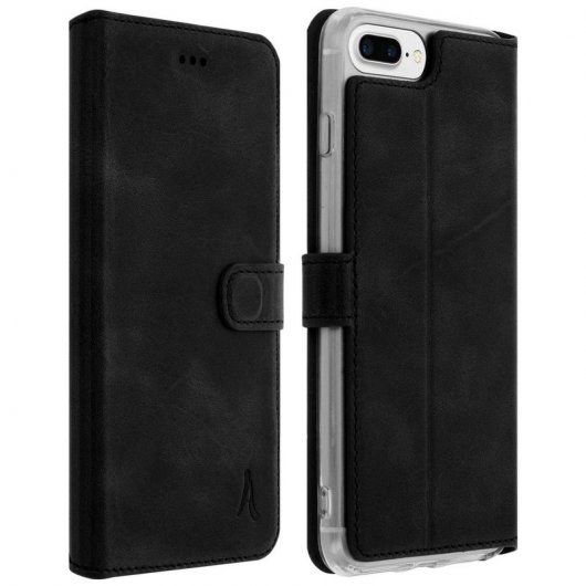 Akashi Funda Libro de Piel Genuina Negra para iPhone 6 Plus/6S Plus/7 Plus/8 Plus