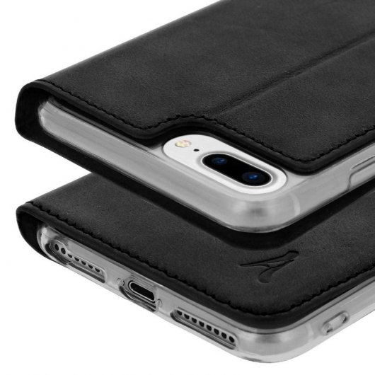 Akashi Funda Libro de Piel Genuina Negra para iPhone 6 Plus/6S Plus/7 Plus/8 Plus
