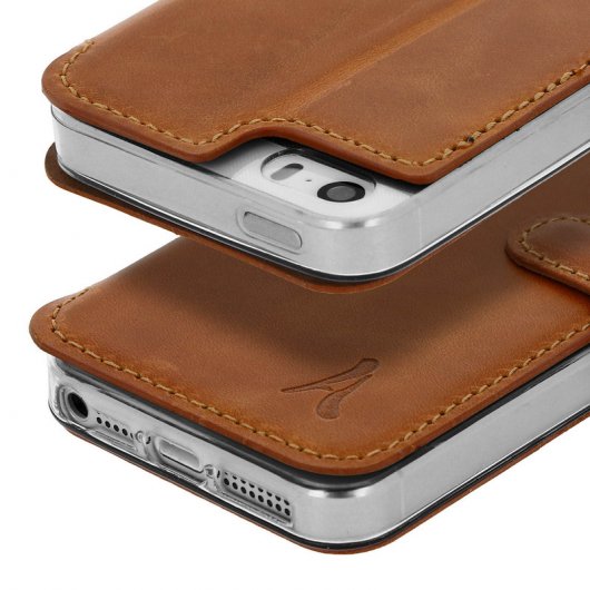 Akashi Funda Libro de Piel Genuina Camel para iPhone 5/5S/SE