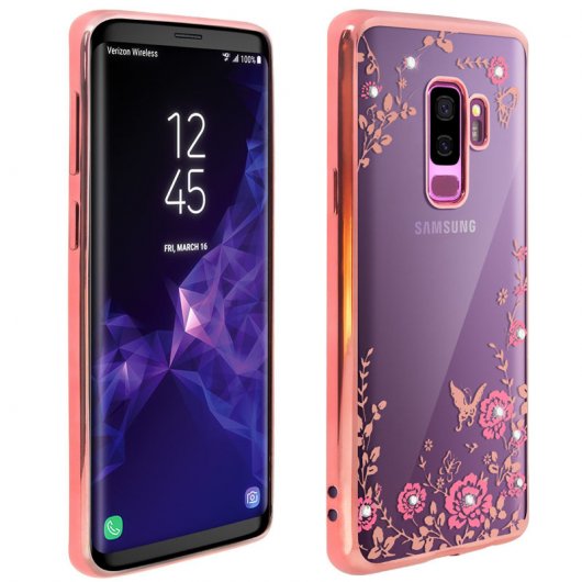 Avizar Funda Silicona con Flores/Pedrería y Bordes Oro Rosa Metalizado para Samsung Galaxy S9 Plus