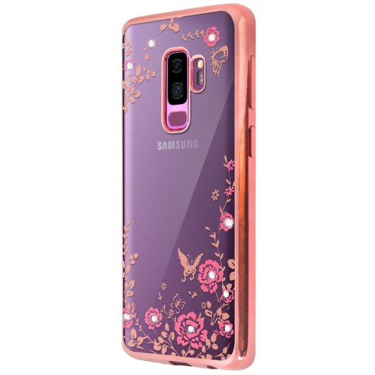 Avizar Funda Silicona con Flores/Pedrería y Bordes Oro Rosa Metalizado para Samsung Galaxy S9 Plus