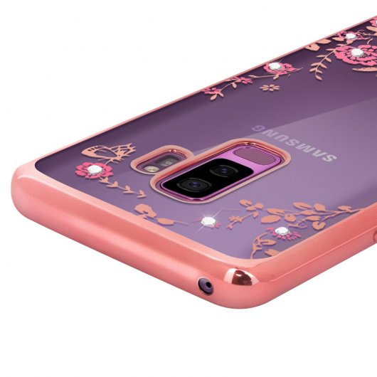 Avizar Funda Silicona con Flores/Pedrería y Bordes Oro Rosa Metalizado para Samsung Galaxy S9 Plus