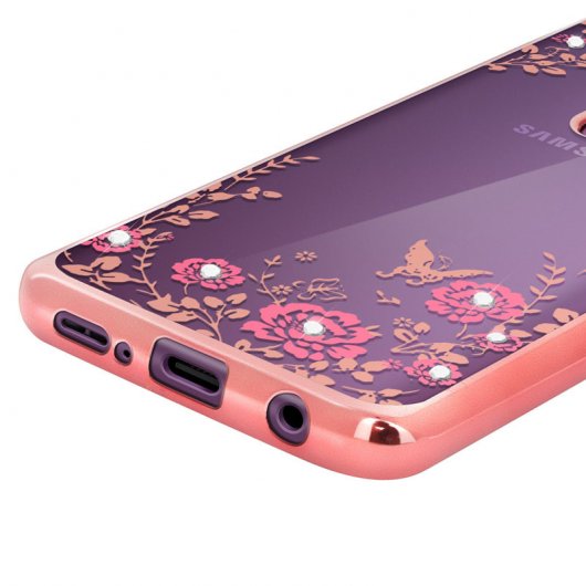 Avizar Funda Silicona con Flores/Pedrería y Bordes Oro Rosa Metalizado para Samsung Galaxy S9 Plus