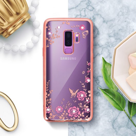 Avizar Funda Silicona con Flores/Pedrería y Bordes Oro Rosa Metalizado para Samsung Galaxy S9 Plus