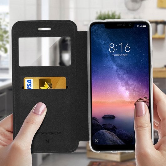Avizar Funda Libro Cartera con Ventana Negra para Xiaomi Redmi Note 6 Pro