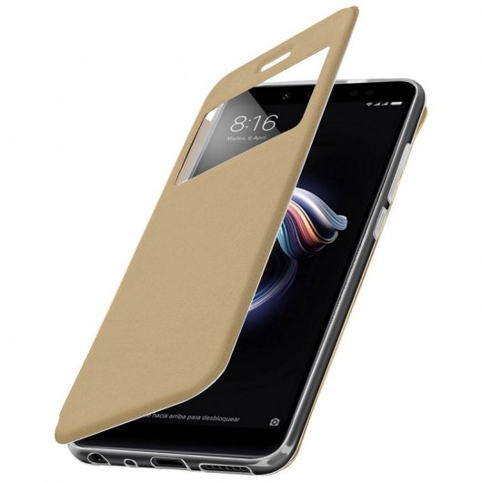 Avizar Funda Libro Cartera con Ventana Dorada para Xiaomi Redmi Note 5