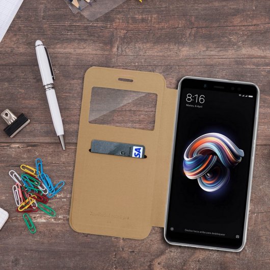 Avizar Funda Libro Cartera con Ventana Dorada para Xiaomi Redmi Note 5