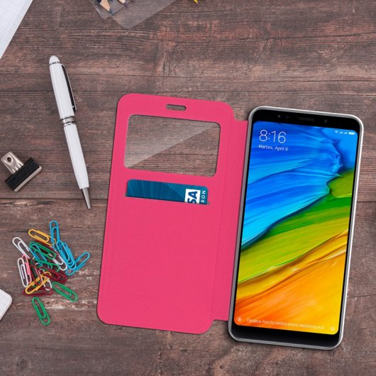 Avizar Funda Libro Cartera con Ventana Rosa para Xiaomi Redmi 5