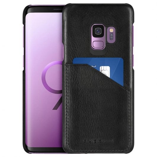 Custodia rigida Bugatti Londra in vera pelle nera per Samsung Galaxy S9