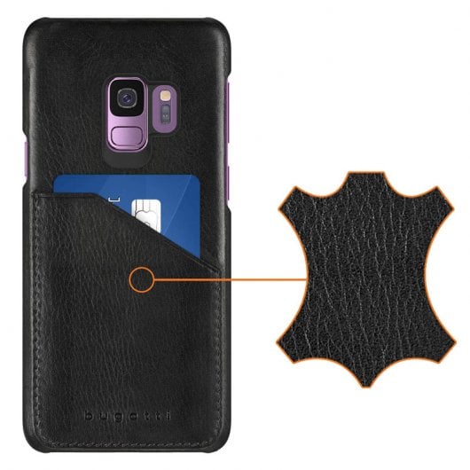 Custodia rigida Bugatti Londra in vera pelle nera per Samsung Galaxy S9