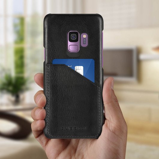 Custodia rigida Bugatti Londra in vera pelle nera per Samsung Galaxy S9