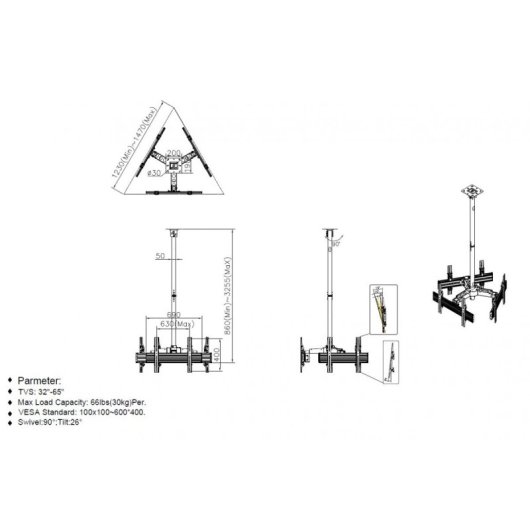 Equip 650371 Soporte de Techo para 3 Pantallas 32"-65" VESA 600x400 Max 90Kg