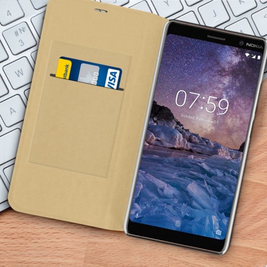 Avizar Funda Flip Book Dorada para Nokia 7 Plus