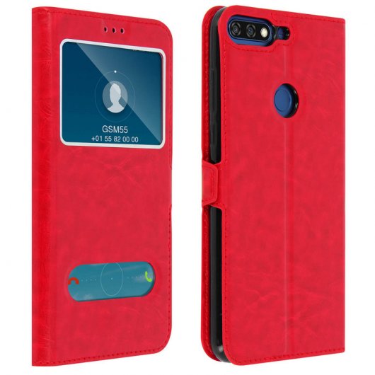 Avizar Funda Libro con Ventana Doble Roja para Honor 7C/Huawei Y7 2018