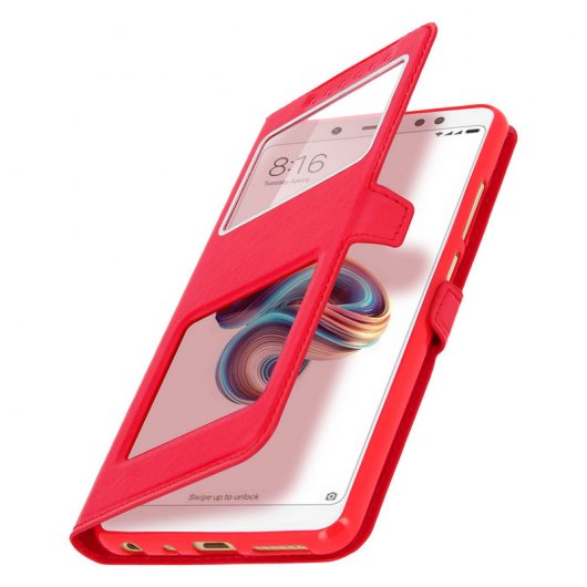 Avizar Funda Libro con Doble Ventana Roja para Xiaomi Redmi Note 5