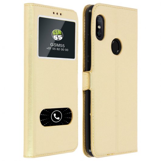 Avizar Funda Tipo Folio con Doble Ventana Dorada para Xiaomi Redmi Note 5