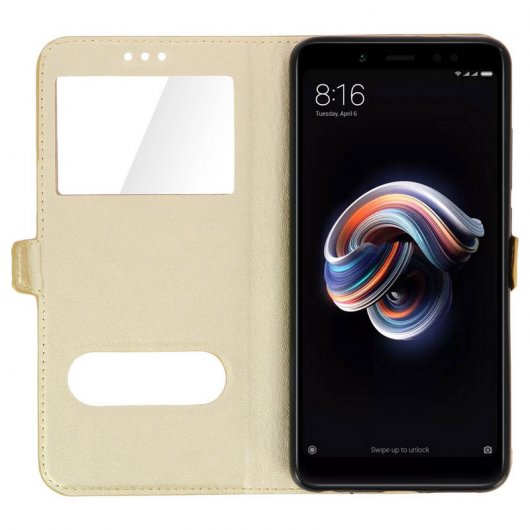 Avizar Funda Tipo Folio con Doble Ventana Dorada para Xiaomi Redmi Note 5