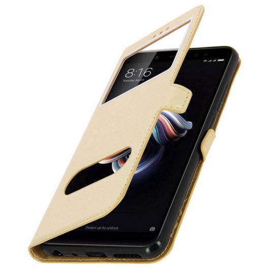 Avizar Funda Tipo Folio con Doble Ventana Dorada para Xiaomi Redmi Note 5