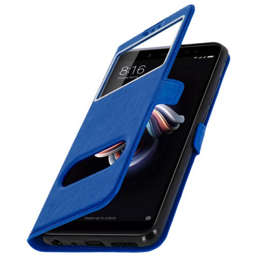 Avizar Funda Tipo Folio con Doble Ventana  Azul para Xiaomi Redmi Note 5