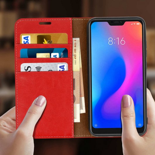 Avizar Funda Libro Cartera de Cuero Rojo para Xiaomi Mi A2 Lite