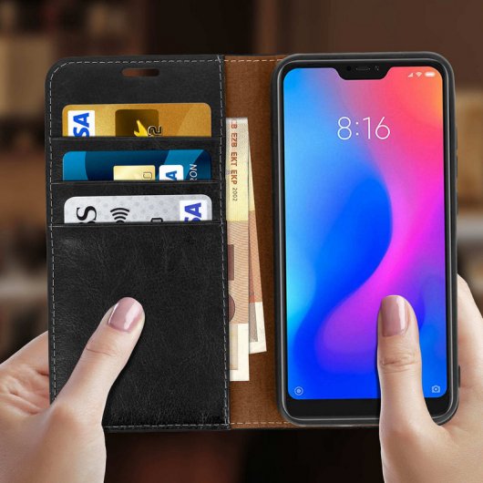Avizar Funda Libro Cartera de Cuero Negro para Xiaomi Mi A2 Lite