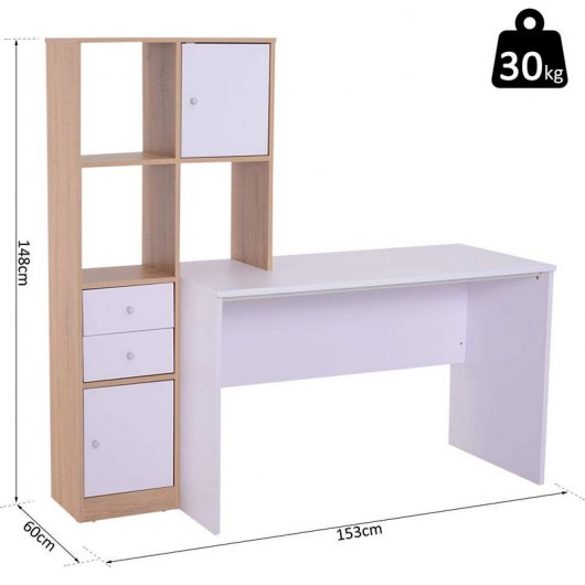 HomCom Mesa de Escritório com Estante 153x60x148cm Branca/Madeira