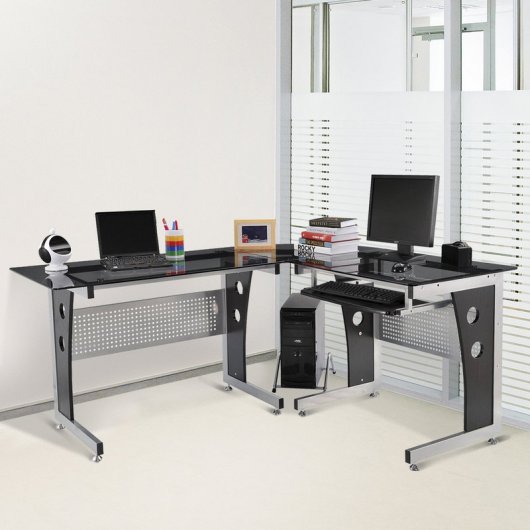 Homcom Mesa de Escritório com Tampo de Vidro 164x139x75cm Preta