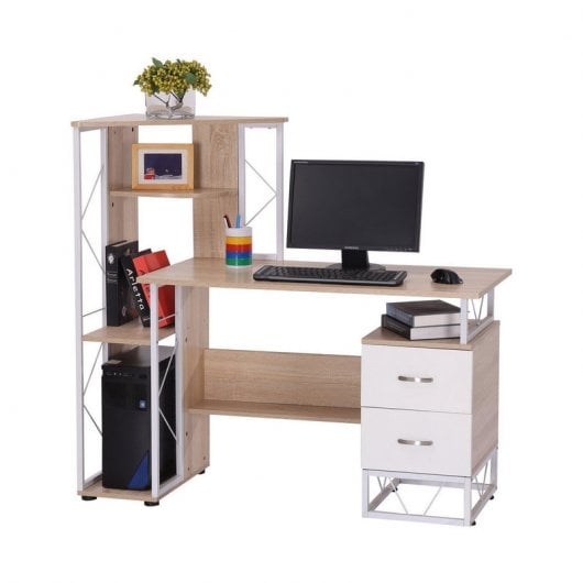 Homcom Mesa Oficina con Estantería 133x55x123cm Madera/Blanco