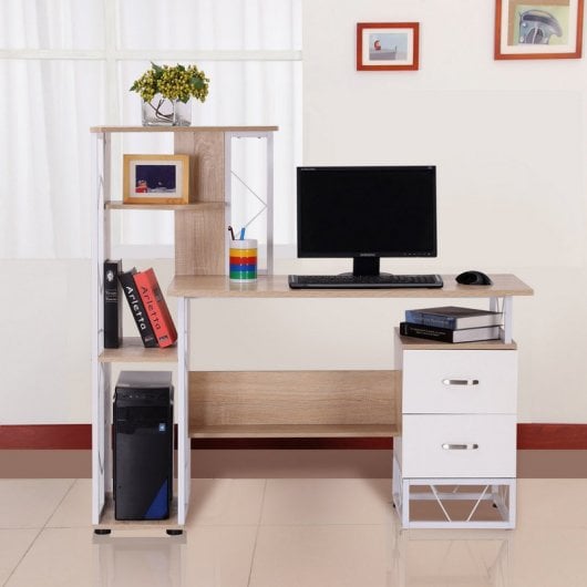 Homcom Mesa Oficina con Estantería 133x55x123cm Madera/Blanco