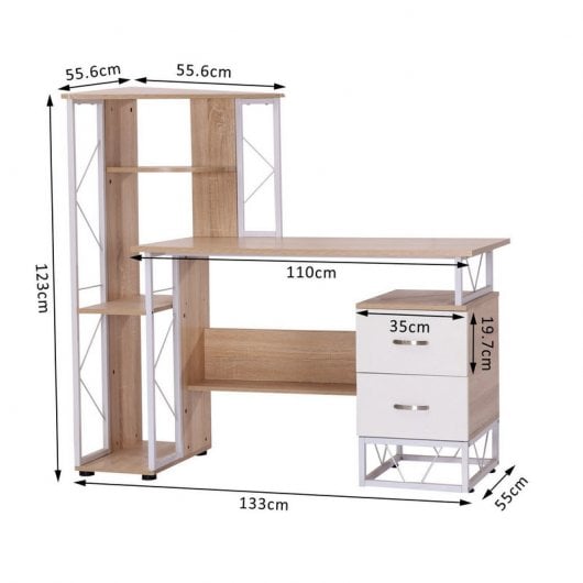 Homcom Mesa Oficina con Estantería 133x55x123cm Madera/Blanco