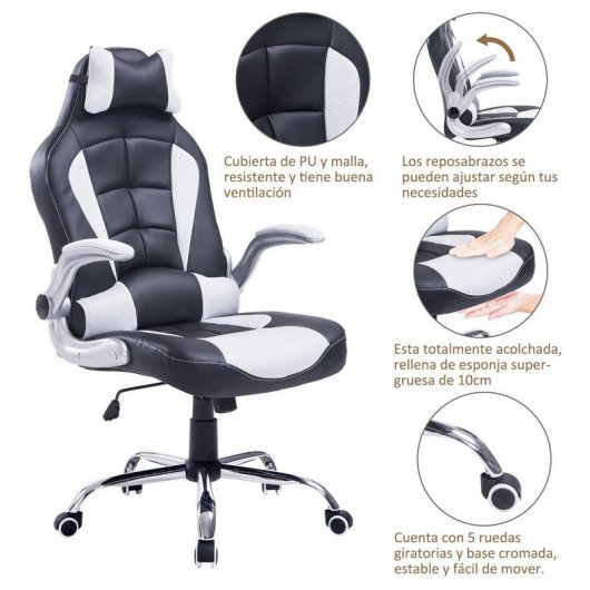 HomCom Cadeira Gaming Ergonómica de Malha Preta/Branca