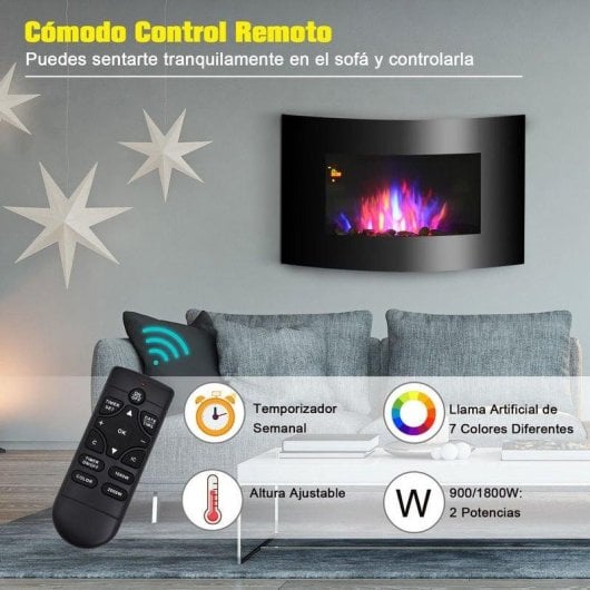 Lareira Elétrica HomCom Negra/Acero 1800W Parede com Comando LED
