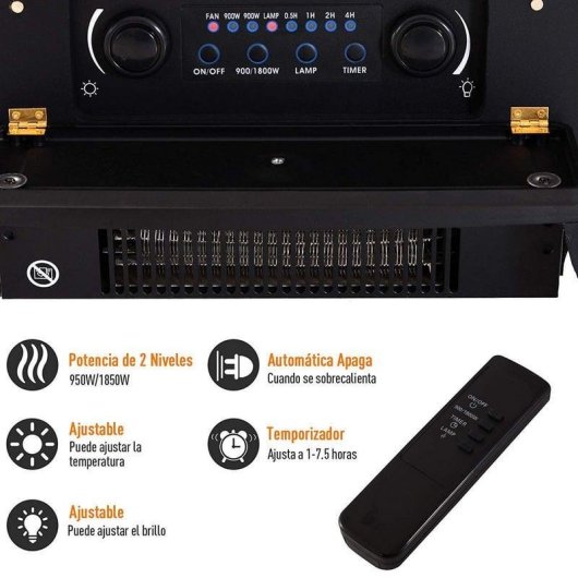 Homcom Chimenea Eléctrica Vidrio/Hierro Negro 1800W