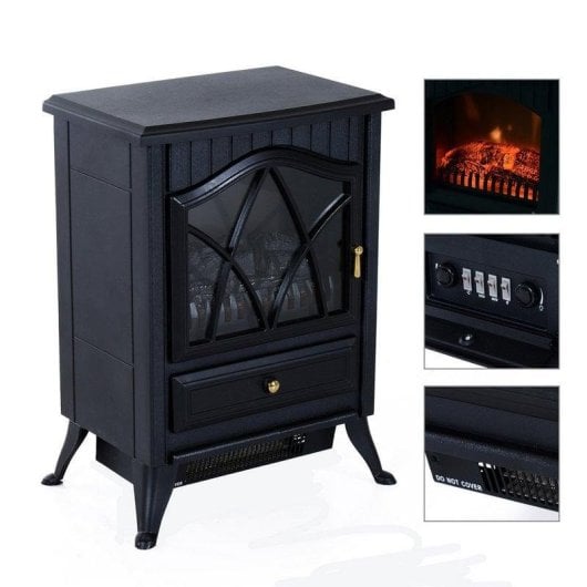 Lareira Elétrica Homcom Chimenea Eléctrica Móvel Negra 1800W Chão Efeito Lenha