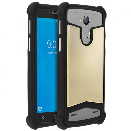 Avizar Funda Silicona Efecto Cuero Negra/Dorada para Smartphones 5" a 5.3"