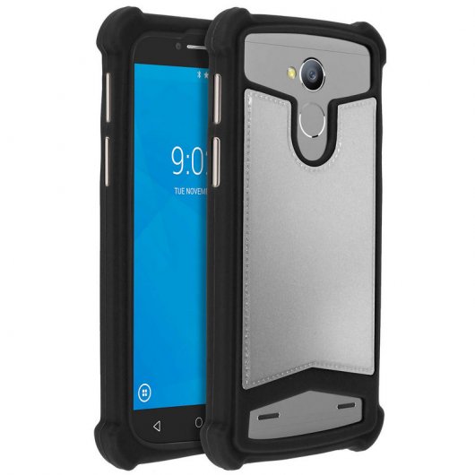Avizar Funda Silicona Efecto Cuero Plateada para Smartphones 5.3" a 5.5"