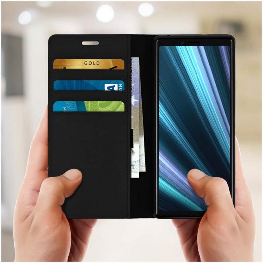 Avizar Funda de Cuero Cartera Negra para Sony Xperia 1