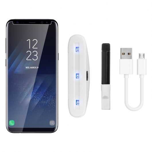 Avizar Protector Cristal Templado Curvo + Kit LED + Adhesivo Líquido para Samsung Galaxy S8 Plus