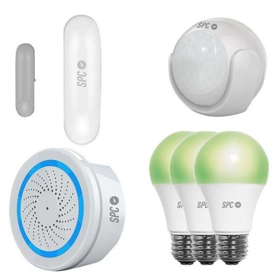SPC 6908K-2 Kit de Seguridad Sensor Inteligente Aperio/Sensor Movimiento Kinese/Alarma Wifi Sonus/3 Bombillas Sirius 470