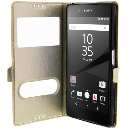 Avizar Funda Libro con Doble Ventana Dorada para Sony Xperia Z5