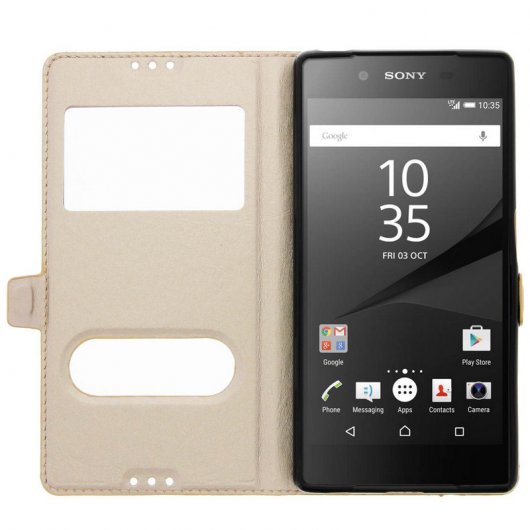 Avizar Funda Libro con Doble Ventana Dorada para Sony Xperia Z5