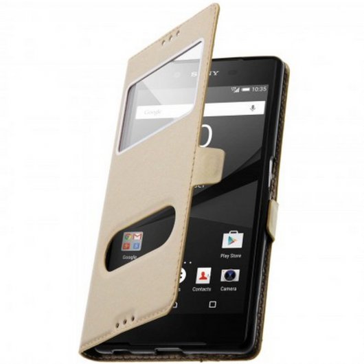 Avizar Funda Libro con Doble Ventana Dorada para Sony Xperia Z5