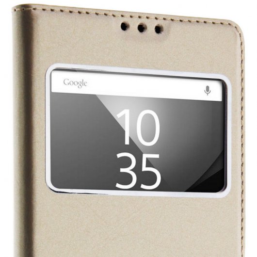 Avizar Funda Libro con Doble Ventana Dorada para Sony Xperia Z5