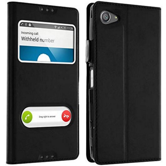 Avizar Funda Libro con Doble Ventana Negra para Sony Xperia Z5 Compact
