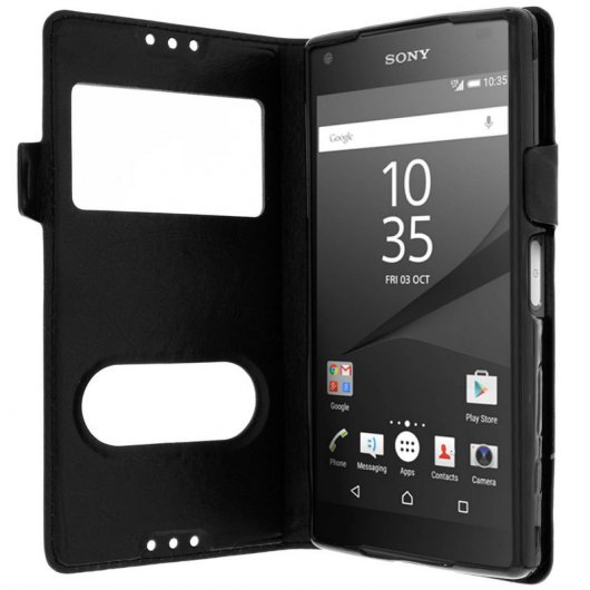 Avizar Funda Libro con Doble Ventana Negra para Sony Xperia Z5 Compact